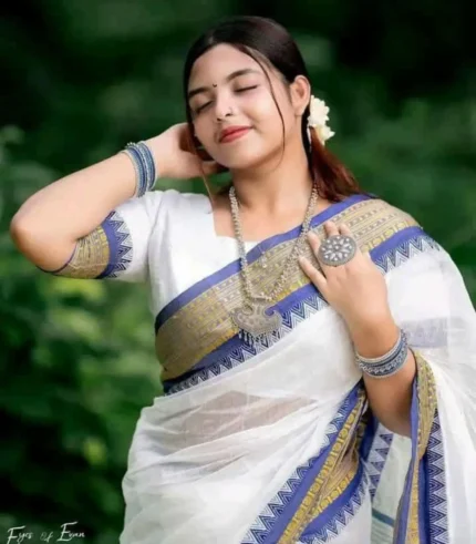 Timeless Beauty in White and Blue Traditional Saree